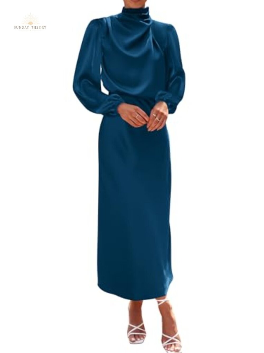 Satin Maxi Dress Mock Neck Long Sleeve Pleated High Waist Formal